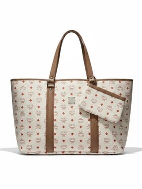 MCM XL Visetos Leather Tan Trimmed Tote Shoulder Bag In White And Pink